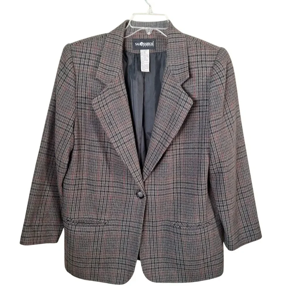 Vintage Sag Harbor Gray Green Plaid Wool Blnd Blazer Women Size 14P Petite - Picture 7 of 9